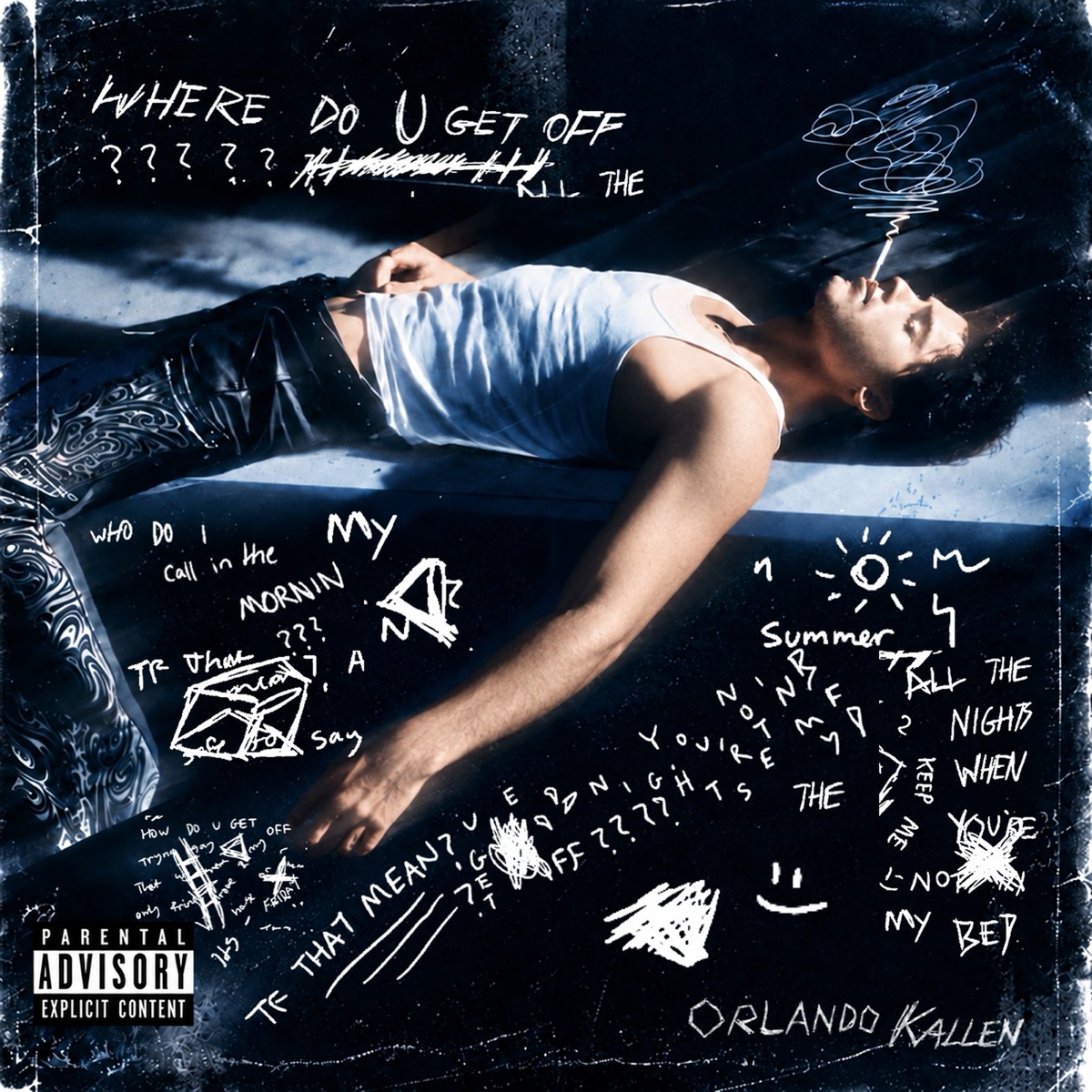 Cover of “Where Do U Get Off???”: Orlando Kallen lying back in a white tank top and patterned leather trousers, a cigarette in hand, surrounded by his handwritten lyrics and doodles